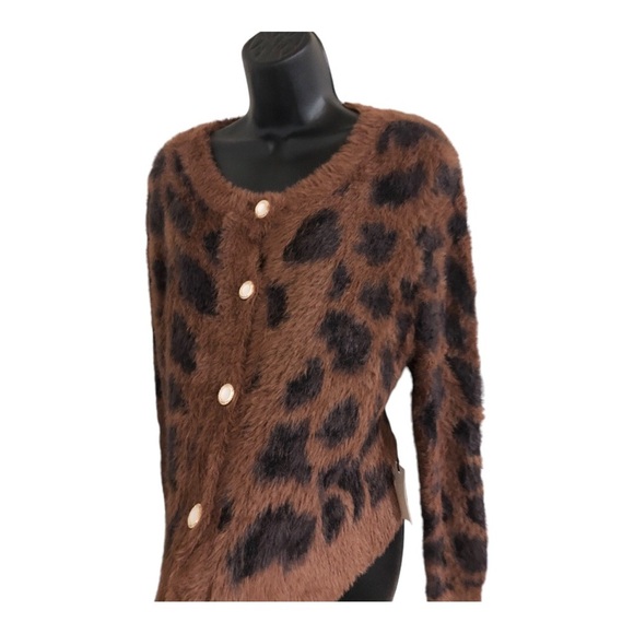 Brown black spotted fuzzy furry gold trim pearlized button cardigan sweater - Picture 5 of 11